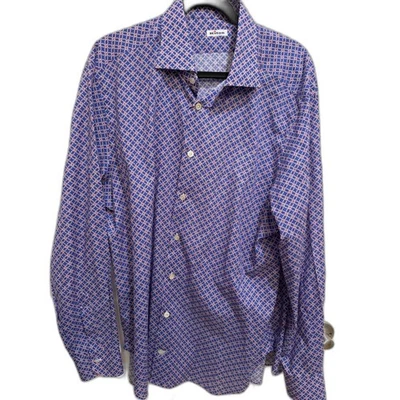 Camisa social masculina designer Kiton algodão azul com botões estampa laranja 17,5 x 44 - Imagem 1 de 4