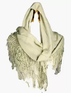 Vintage Womens wool blend Wrap Scarf Stole square fringed Cream - Picture 1 of 8