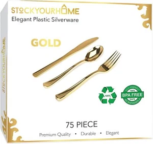 75 Pieces Heavy Duty (Gold) Plastic Silverware Set, Disposable 75 Count, Gold - Picture 1 of 9