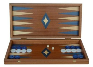 Manopoulos Traditional Mahogany 15" Handmade Backgammon Set - Blue White Chips - Picture 1 of 3