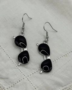 Super Cute Silver tone Black Enamel Eye Glasses Earrings - Picture 1 of 5