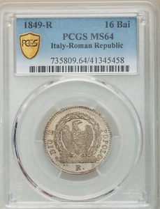 ITALY ROMAN REPUBLIC 1849-R 16 BAIOCCHI SILVER COIN, PCGS CERTIFIED MS64 - Picture 1 of 6