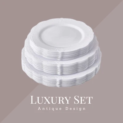 DECOR 20 x Heavy Duty Hard Plastic Antique Style White Plastic Plates & Bowls Reusable