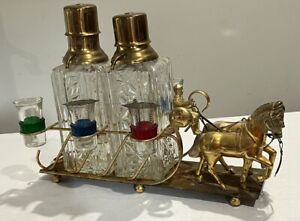 MCM BARWARE SET Glass Brass Decanter Horse Drawn Carriage Sleigh 1960's Pump