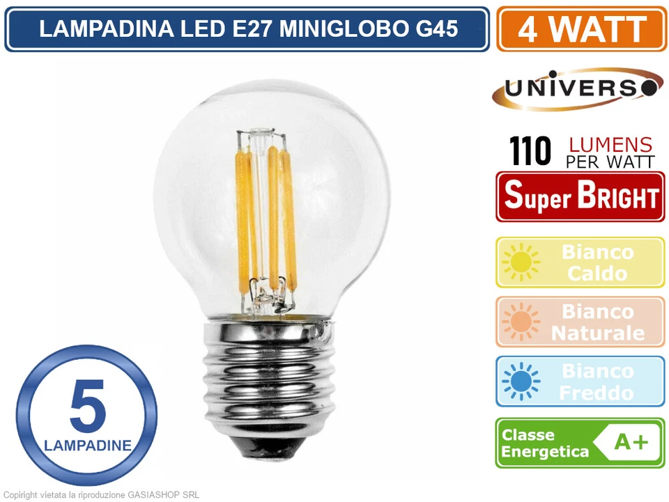 5 PEZZI LAMPADINA LED UNIVERSO E27 4W MINIGLOBO G45 A FILAMENTO 440 LUMEN - Immagine 1 di 3