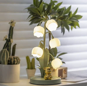 Vintage Flower Table Lamp 5 Lily of the Valley Desk Lamp Olive Green Table Light - Picture 1 of 7