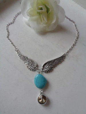 Gliederkette silber Flügel Türkis Howlith imitat strassanhänger kaffeebraun - Bild 1 von 2