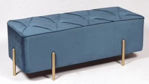 Premium Bed End Velvet Bench/Tufted Ottoman with Gold Metal Legs (Sea Blue) - Picture 1 of 21