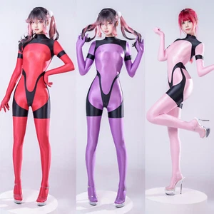 Damen Smooth Overalls Thin Catsuit Back Zipper Patchwork Cosplay Leotards Tights - Bild 1 von 20