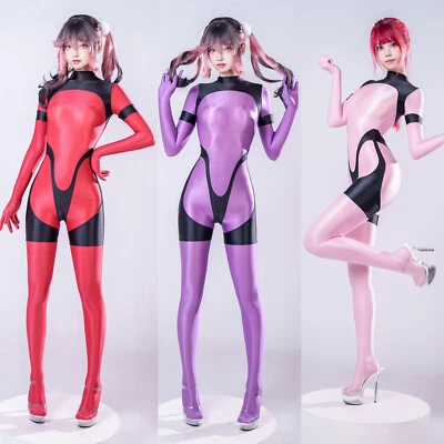 Damen Smooth Overalls Thin Catsuit Back Zipper Patchwork Cosplay Leotards Tights - Bild 1 von 4