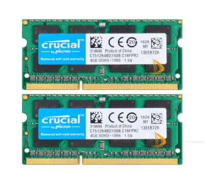 8GB Crucial 2x 4GB PC3-8500 Memory For Macbook PRO 13" Aluminum Mid 2009 2010" - Image 1 of 4