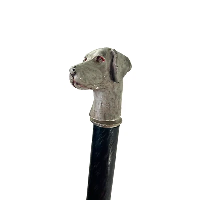 hand carved dog handle wooden walking stick cane metal ring accent - Image 1 of 4