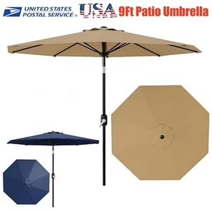 9Ft Patio Outdoor Table Umbrella 8 Sturdy Ribs w/ Crank Lift Push Button Tilt - Picture 1 of 14