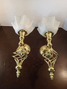 Vintage Set of 2 Brass Tone Partylite Wall Sconce - Picture 1 of 14