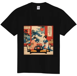 Ukiyo-e Interior Scene T-Shirt – Women Serving in Edo Style, Black & White, New - Picture 1 of 6