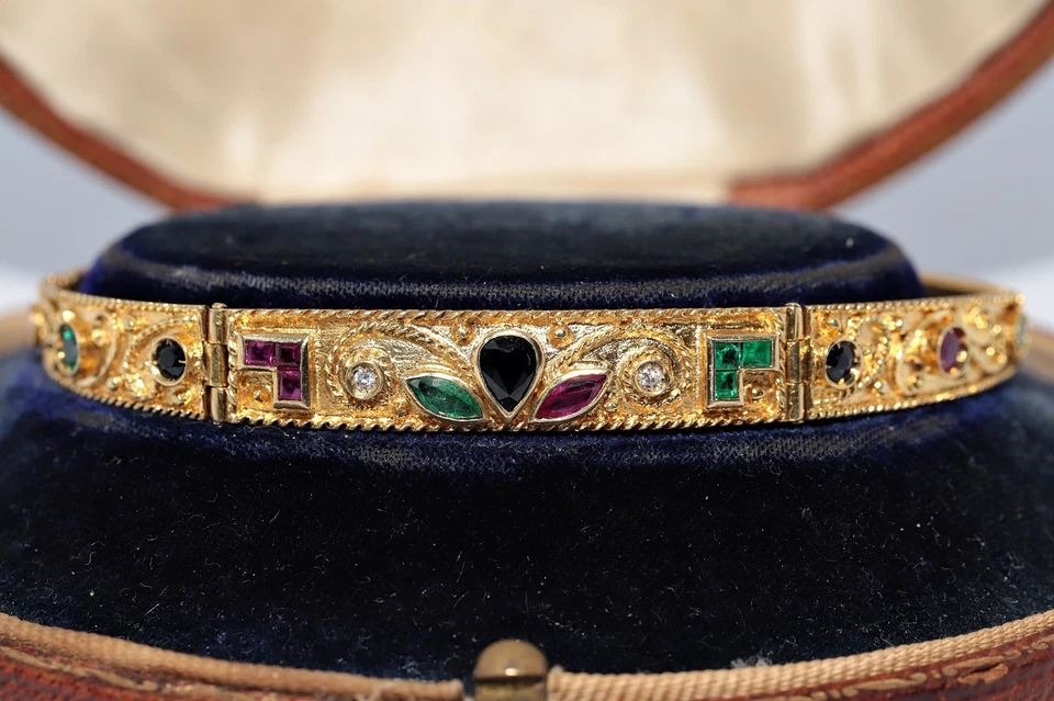 Vintage Circa 1980s 18k Gold Natural Diamond And Emerald Sapphire Ruby Bracelet - Image 1 of 4