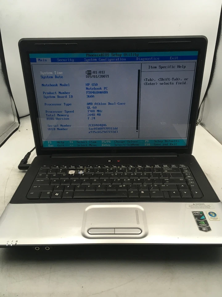 HP G50 109NR NOTEBOOK - BOOTS TO BIOS - AMD ATHLON DUAL CORE - 2GB RAM - READ-BB - Image 1 of 4