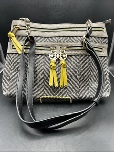 Spartina 449 Shoulder Bag Linen Leather Purse Herringbone Gray Yellow BB29 - Picture 1 of 10