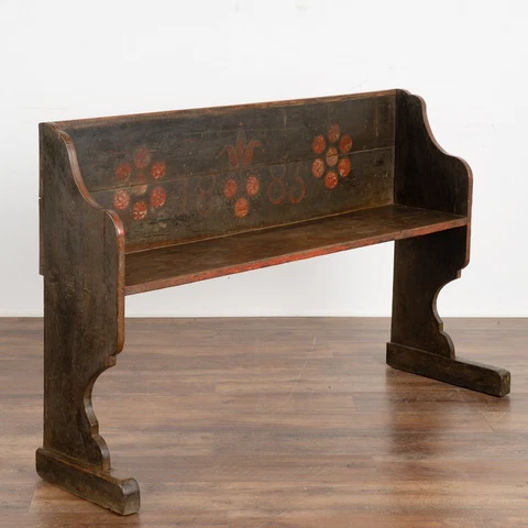 Original Hand Painted Narrow Bench With Red Flowers, Hungary Dated 1883 Cover
