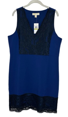 Abito smanicato Michael Kors blu pizzo scollo a V cambio $250 taglia 14 nuovo