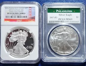 2012-S PCGS PR69 Ultra Cameo & 2017-P NGC MS69 Business Strike Silver Eagle $'s - Picture 1 of 7