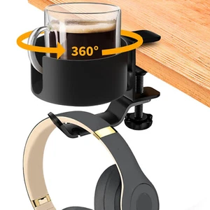 2 in 1 Desk Cup Holder with Headphone Hanger Holder Bearing 22lb Clamp on Desk - Picture 1 of 9