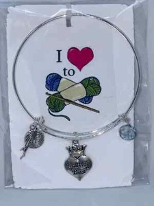 New Knitting Diva Theme Bangle Charm Bracelet Silver Handmade Expandable - Picture 1 of 1