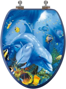 Sedile WC Allungato Serie 3D Ocean con Cerniere in Metallo Cromato, Legno, Delfini Fami - Foto 1 di 3