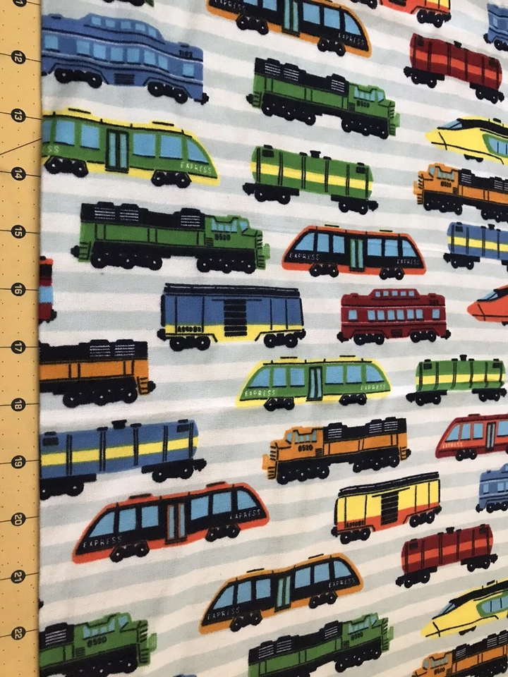 Trains on Blue Stripe Flannel Fabric Sold By The Yard #1822 - Image 1 of 1