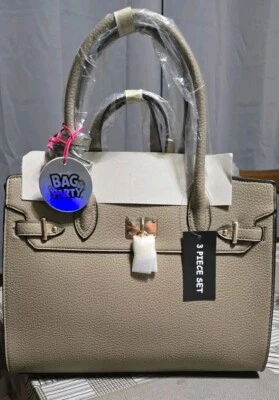 Taupe leather top handle satchel tote bag with a mini bag and crossbody strap  - Image 1 of 4