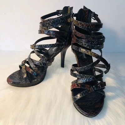 Snake Print Heels Women's Strap Up 4” Stiletto Black Red Green Grey Color - Image 1 of 4