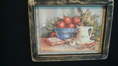 Prim Country Print *APPLES and MILK* black frame 10" x 8" - Image 1 of 3