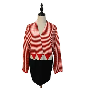 Rodier France Size 14-16 Red Cream Blue Striped Geometric Wool Blend Cardigan - Picture 1 of 8