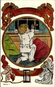 HAPPY NEW YEAR - BOY WAITING BY CANDLE LIGHT - 1912 - EMBOSSED POSTCARD - Picture 1 of 2