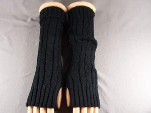Black cable ribbed knit long arm warmers fingerless gloves texting open thumb - Picture 1 of 4