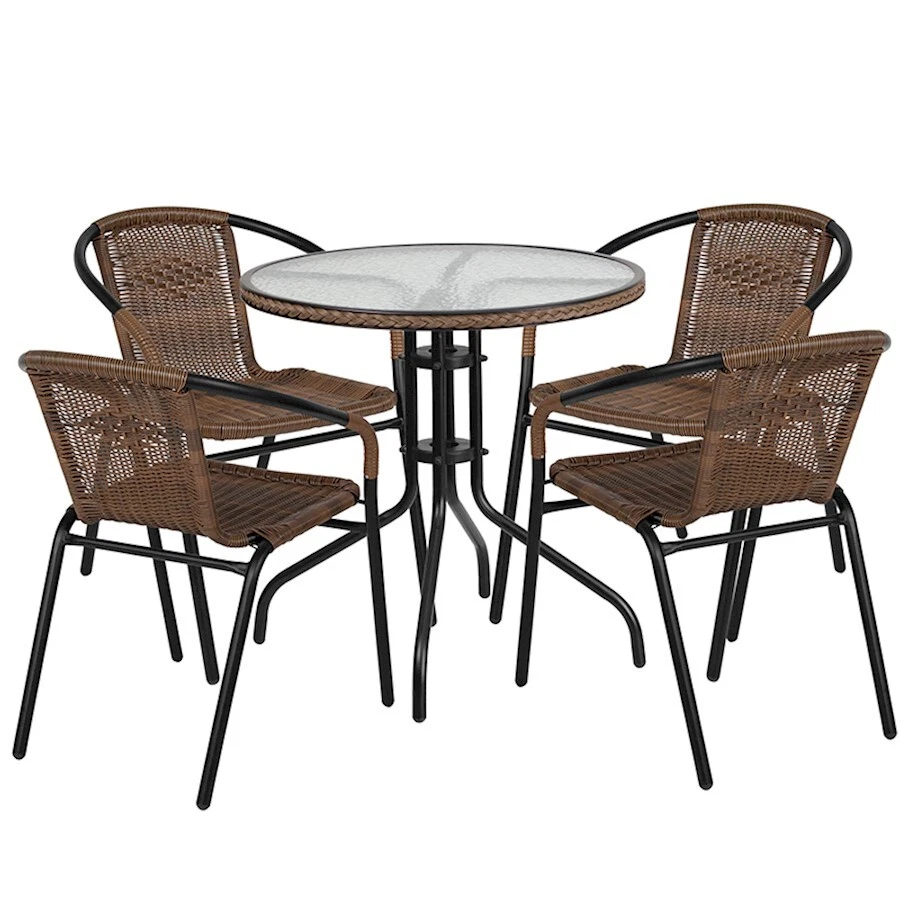 Flash 28'' RD Glass Table, 4 Brown Rattan Chairs - TLH-087RD-037BN4-GG - Image 1 of 1
