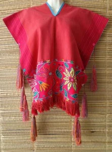 Pink Orange Multi Mexican Embroidered Peasant Blouse Cape Poncho True Vintage - Picture 1 of 5