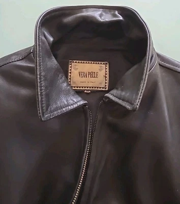 Vera Pelle Viscose Leather Bomber Jacket Mens  XL Italian Brown Classic - Image 1 of 4
