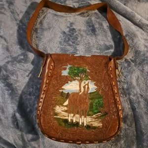 Hand Tooled Leather Purse Handpainted Horse 11 In X 10 In - Picture 1 of 9