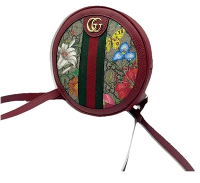 Mini Bolso Mochila Redondo Gucci Cuero Rojo GG Flora Lona Recubierta Ophidia Foto 1 de 4
