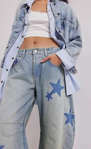 New Medium Wide Leg Jeans Baggy Distressed Boyfriend Printed with Stars - Picture 1 of 7