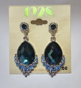 1928 Silver Tone Blue Teardrop Crystal Dangle Earrings with Light Blue... - Picture 1 of 3