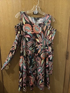 Vestido AGB Mujer Grande L Negro Floral Hombro Abierto Manga Larga Hasta la Rodilla Usado en Excelente Condición - Imagen 1 de 7