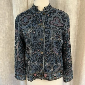 Chicos Women’s Boho Heavy Beaded Art To Wear Denim Jacket S Bling Festival 90’s - Picture 1 of 13