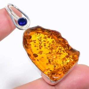 Natural Amber, Blue Sapphire Ethnic 925 Sterling Silver Pendant 2.4" m336 - Picture 1 of 7
