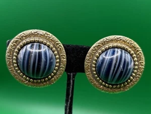 Vintage 1928 BRAND Blue Art Glass Cabochon Clip Earrings - Picture 1 of 8