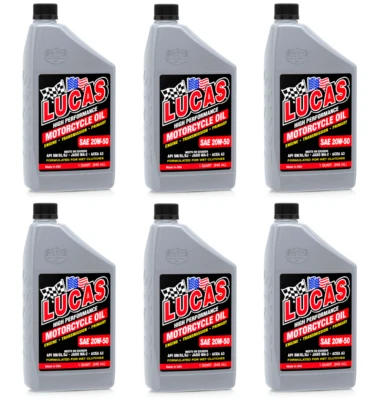 Высокопроизводительное мотоциклетное масло Lucas 10700 20W50; футляр из 6 бутылок по 1 кварте - Изображение 1 из 3
