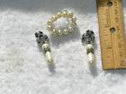 Pearl Brouch And Droplet Pearl Earrings For Pierced With Inlaid Black Onyx Accen