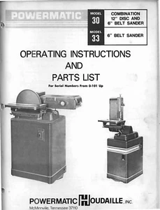 Model 30 & 33 Sanders Operating Inst. & Parts List Manual Fits Powermatic PM5 - Picture 1 of 10