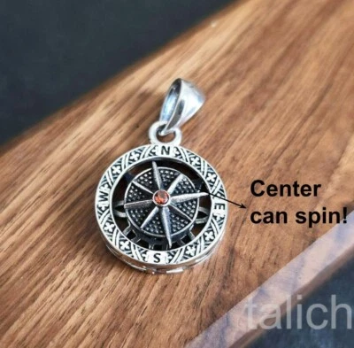 925 Sterling Silver Small Round Compass Pendant with Spin Star & Red CZ Unique - Image 1 of 4
